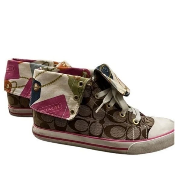 COACH Bonney Poppy Signature Logo Foldover High Top Sneakers EUC - Picture 3 of 11